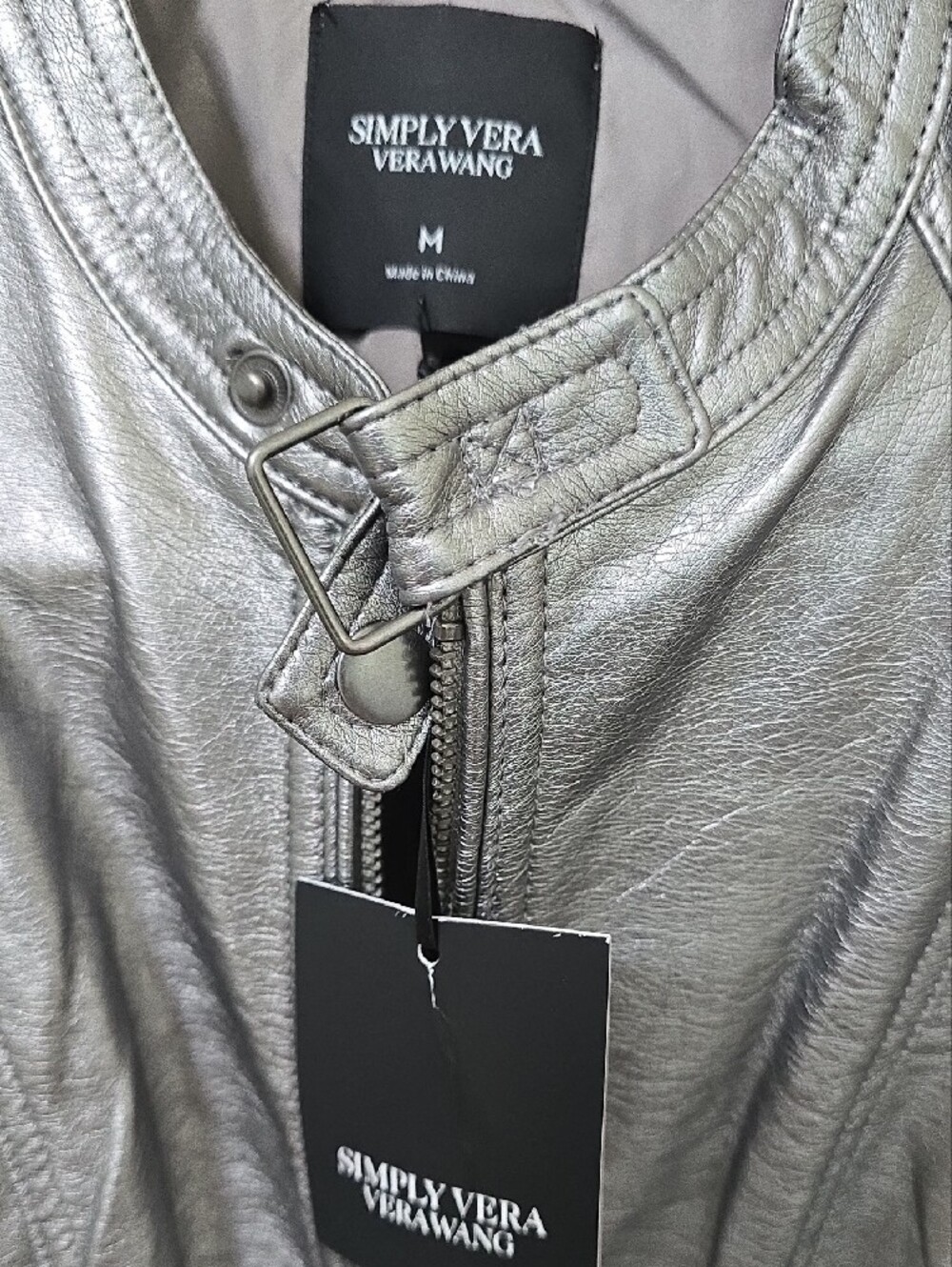 Simply Vera Vera Wang Metallic Silver Faux Leather Moto Jacket - Picture 2 of 4
